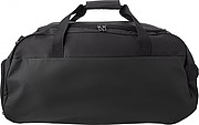 Polyester (600D) sports bag with large main compartment and zippered pocket on the side.