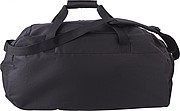 Polyester (600D) sports bag with large main compartment and zippered pocket on the side.
