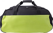 Polyester (600D) sports bag with large main compartment and zippered pocket on the side.