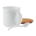 Porcelain mug with spoon and bamboo lid. Individual box. Pad printing is not dishwasher safe.