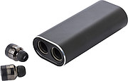 Power bank with two wireless earbuds. The Li-ion battery has a 4000 mAh capacity.