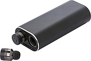 Power bank with two wireless earbuds. The Li-ion battery has a 4000 mAh capacity.