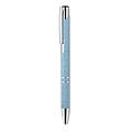 Push button ball pen in 50% wheat straw and 50% ABS material with silver fittings. Blue ink.