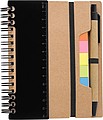 Recycled paper, wire bound notebook with 60 lined pages, ruler and ballpen with blue ink.
