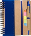 Recycled paper, wire bound notebook with 60 lined pages, ruler and ballpen with blue ink.