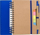 Recycled paper, wire bound notebook with 60 lined pages, ruler and ballpen with blue ink.
