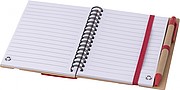 Recycled paper, wire bound notebook with 60 lined pages, ruler and ballpen with blue ink.