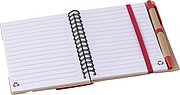 Recycled paper, wire bound notebook with 60 lined pages, ruler and ballpen with blue ink.