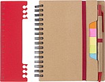 Recycled paper, wire bound notebook with 60 lined pages, ruler and ballpen with blue ink.