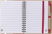 Recycled paper, wire bound notebook with 60 lined pages, ruler and ballpen with blue ink.