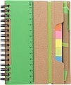 Recycled paper, wire bound notebook with 60 lined pages, ruler and ballpen with blue ink.