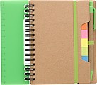Recycled paper, wire bound notebook with 60 lined pages, ruler and ballpen with blue ink.
