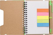 Recycled paper, wire bound notebook with 60 lined pages, ruler and ballpen with blue ink.