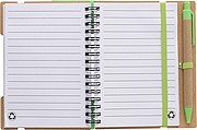 Recycled paper, wire bound notebook with 60 lined pages, ruler and ballpen with blue ink.