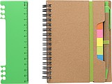 Recycled paper, wire bound notebook with 60 lined pages, ruler and ballpen with blue ink.