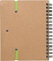 Recycled paper, wire bound notebook with 60 lined pages, ruler and ballpen with blue ink.