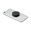 Round shaped foldable phone accessory in ABS with two functions: phone stand and holder.