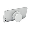 Round shaped foldable phone accessory in ABS with two functions: phone stand and holder.