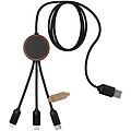 SCX.design C36 3-in-1 rPET light-up logo extended charging cable with round bamboo casing, wood
