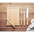 Set of 4 stainless steel barbecue grilling accessories with cutting board in polyester pouch.