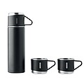 Set of double wall stainless steel vacuum insulated flask with leak-free cup lid and 2 additional cups