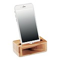 Smartphone stand and amplifier in bamboo material.