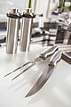 Stainless steel cutlery set with knife and fork, packed in an aluminium case,colour silver