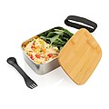 Stainless steel lunchbox with bamboo lid and spork, silver
