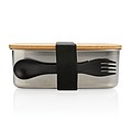 Stainless steel lunchbox with bamboo lid and spork, silver