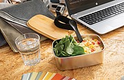 Stainless steel lunchbox with bamboo lid and spork, silver