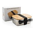Stainless steel lunchbox with bamboo lid and spork, silver