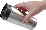 Stainless steel travel mug (300 ml) with black lid, also available with coloured stainless steel.