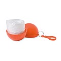 Transparent PE poncho wrapped in an AS ball shell with carabiner hook to hang on a belt or a bag.
