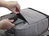 Two-tone polyester (600D) anti-theft backpack, with PVC backing.