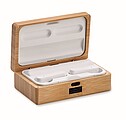 TWS earbuds in bamboo case, wood