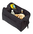 Vanity case main compartment is tightened with a metal holder and zip,colour black