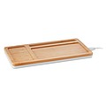 Wireless charger storage box with bamboo top, USB hub and smartphone stand/holder.