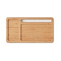 Wireless charger storage box with bamboo top, USB hub and smartphone stand/holder.