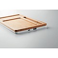 Wireless charger storage box with bamboo top, USB hub and smartphone stand/holder.