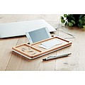 Wireless charger storage box with bamboo top, USB hub and smartphone stand/holder.