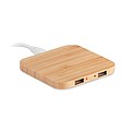 Wireless charging pad with 2 USB port 2.0 hubs in bamboo. Output DC 5V/1.0A.