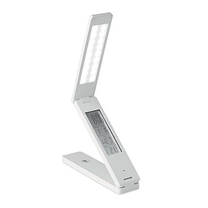 18 LED foldable desktop lamp in ABS with weather station. Displays time, temperature.