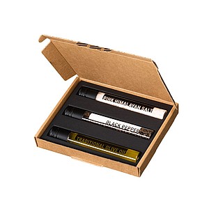 3-Piece cooking box filled with 3 glass tubes of Himalayan salt, black pepper and traditional olive oil.
