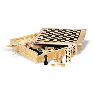 4 games in wooden box, wood