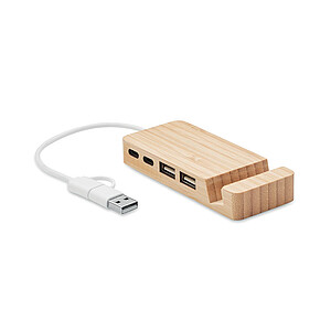 4 ports USB-C/A hub in bamboo case.