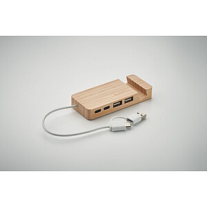 4 ports USB-C/A hub in bamboo case.