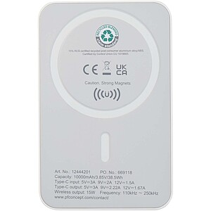 Acrab 10.000 mAh 15W magnetic wireless power bank with 20W PD - made from recycled plastic, white