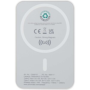 Acrab 5000 mAh 15W magnetic wireless power bank with 20W PD - made from recycled plastic, white