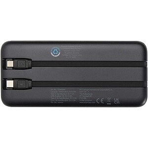 Adhil 10.000 mAh 10W recycled plastic power bank with 2 built-in cables, solid black