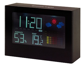 Alarm clock with weather forecast, black display with coloured elements,colour black
